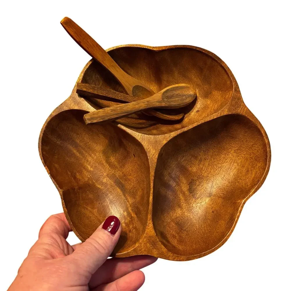 Carved wood 3-section snack serving tray bowl & matching mini wooden spoons set